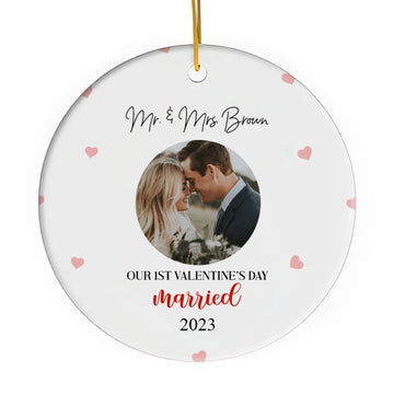 Our First Valentine's Day Married - Personalized First Valentine's Day gift For Husband Or Wife - Custom Circle Ceramic Ornament - Elizabeth Fashions