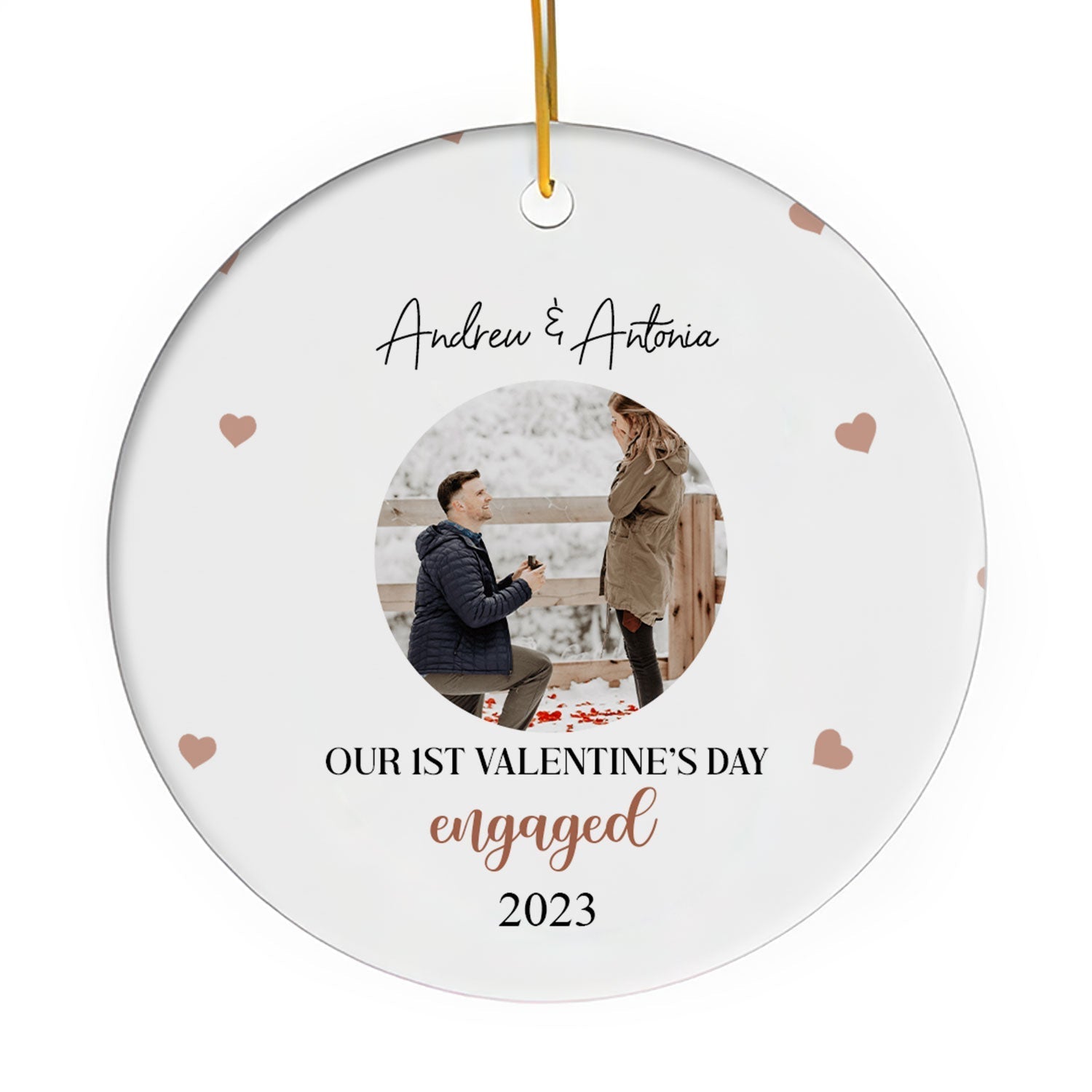 Our 1st Valentine's Day Engaged - Personalized First Valentine's Day gift For Fiance - Custom Circle Ceramic Ornament - Elizabeth Fashions