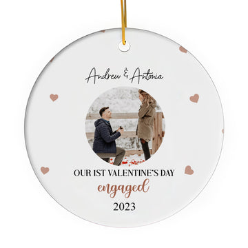 Our 1st Valentine's Day Engaged - Personalized First Valentine's Day gift For Fiance - Custom Circle Ceramic Ornament - Elizabeth Fashions