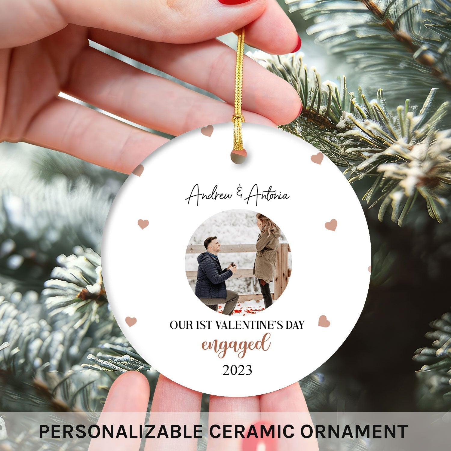 Our 1st Valentine's Day Engaged - Personalized First Valentine's Day gift For Fiance - Custom Circle Ceramic Ornament - Elizabeth Fashions