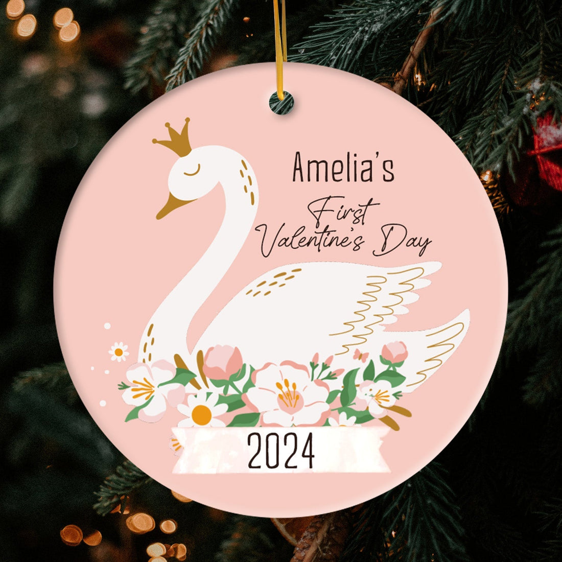 Swan First Valentine's Day - Personalized First Valentine's Day gift For Baby - Custom Circle Ceramic Ornament - Elizabeth Fashions