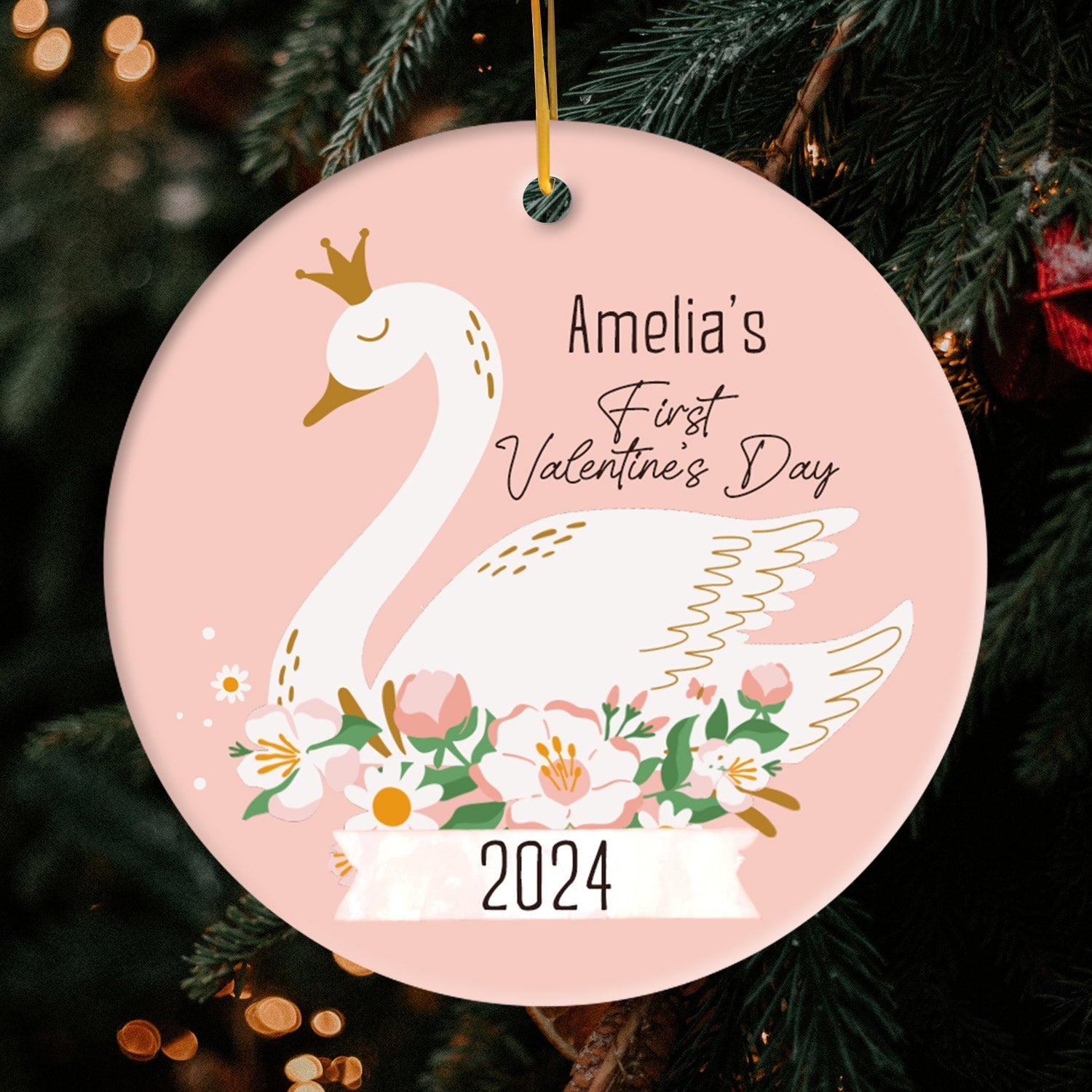 Swan First Valentine's Day - Personalized First Valentine's Day gift For Baby - Custom Circle Ceramic Ornament - Elizabeth Fashions