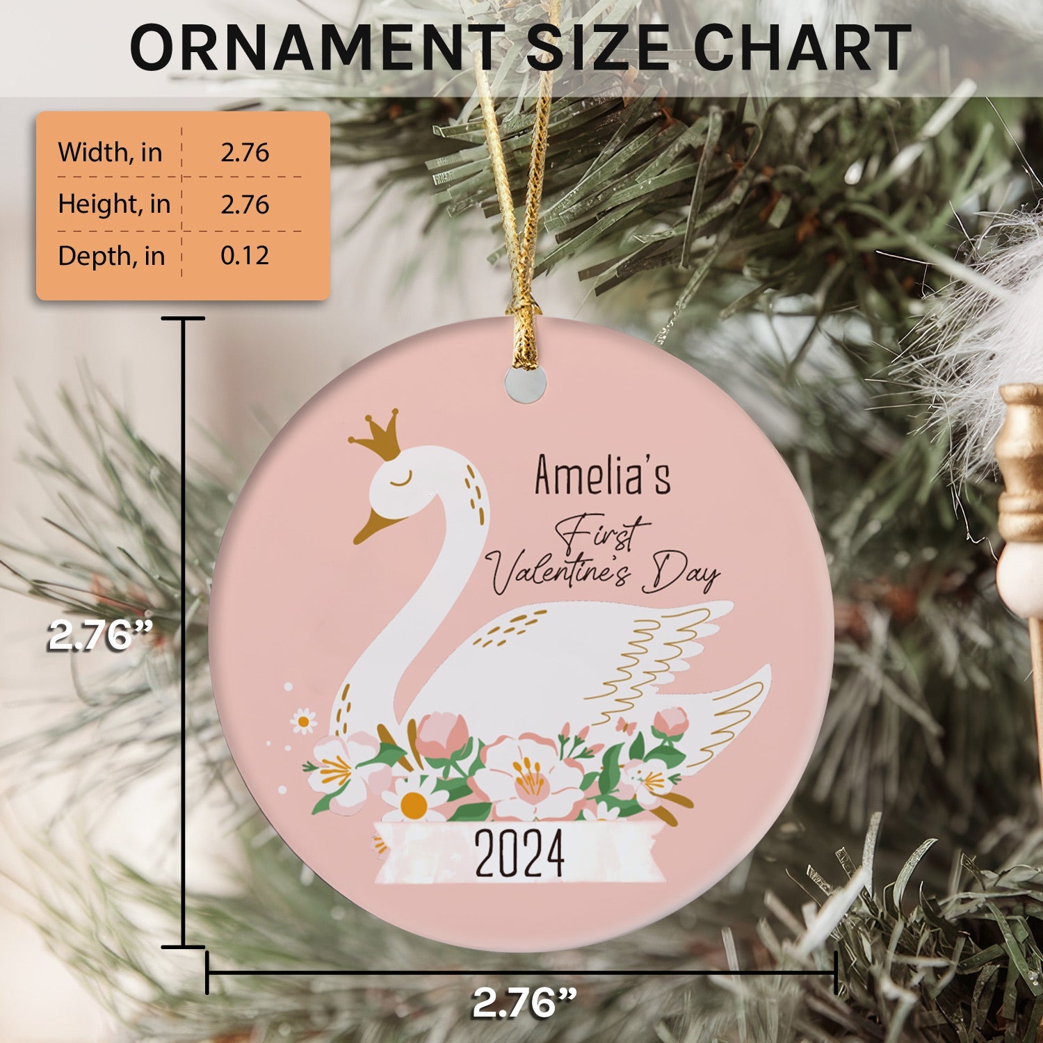 Swan First Valentine's Day - Personalized First Valentine's Day gift For Baby - Custom Circle Ceramic Ornament - Elizabeth Fashions