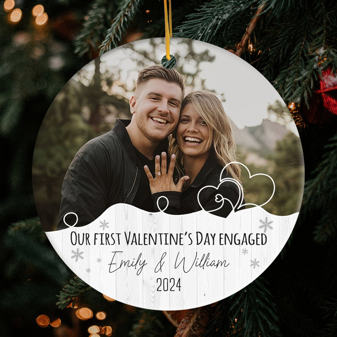 Our First Valentine's Day Engaged - Personalized First Valentine's Day gift For Fiance - Custom Circle Ceramic Ornament - Elizabeth Fashions