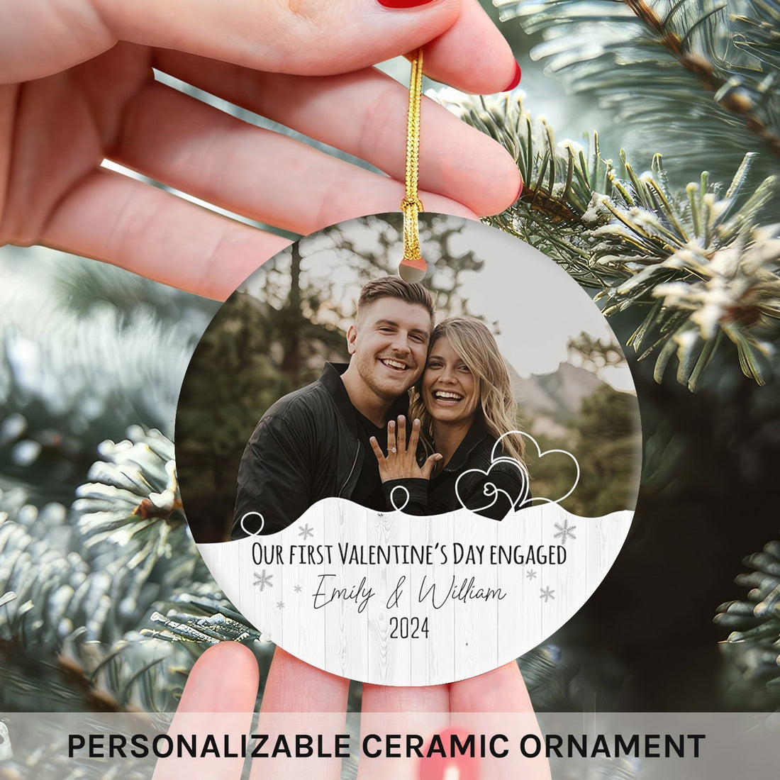 Our First Valentine's Day Engaged - Personalized First Valentine's Day gift For Fiance - Custom Circle Ceramic Ornament - Elizabeth Fashions