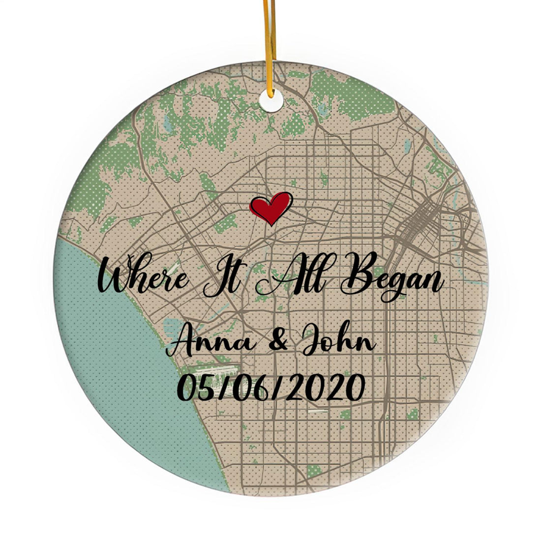 Where It All Began Retro Map - Personalized Anniversary or Valentine's Day gift for Husband or Wife - Custom Circle Ceramic Ornament - Elizabeth Fashions