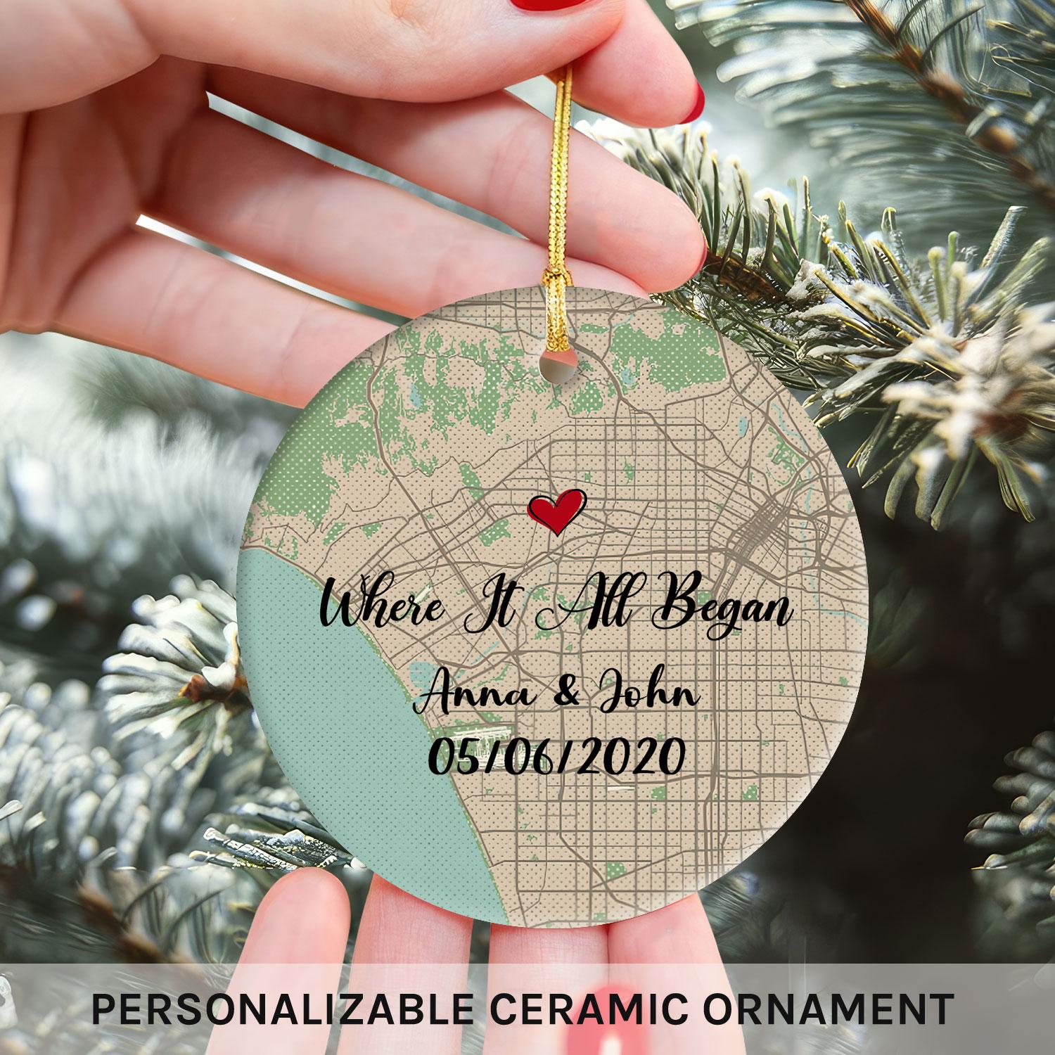 Where It All Began Retro Map - Personalized Anniversary or Valentine's Day gift for Husband or Wife - Custom Circle Ceramic Ornament - Elizabeth Fashions