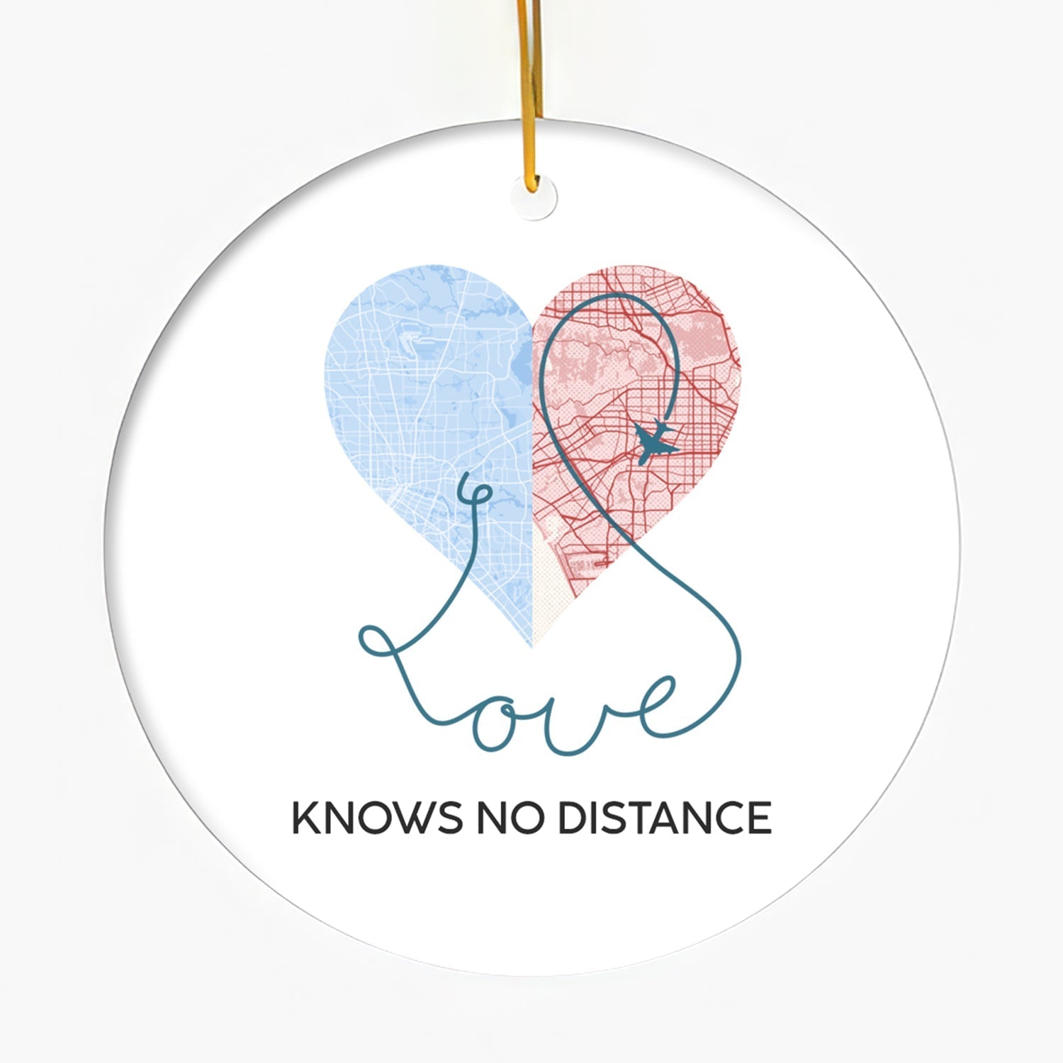 Love Knows No Distance Map - Personalized Anniversary or Valentine's Day gift for Long Distance Couple - Custom Circle Ceramic Ornament - Elizabeth Fashions
