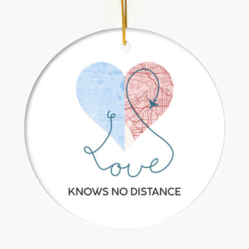 Love Knows No Distance Map - Personalized Anniversary or Valentine's Day gift for Long Distance Couple - Custom Circle Ceramic Ornament - Elizabeth Fashions