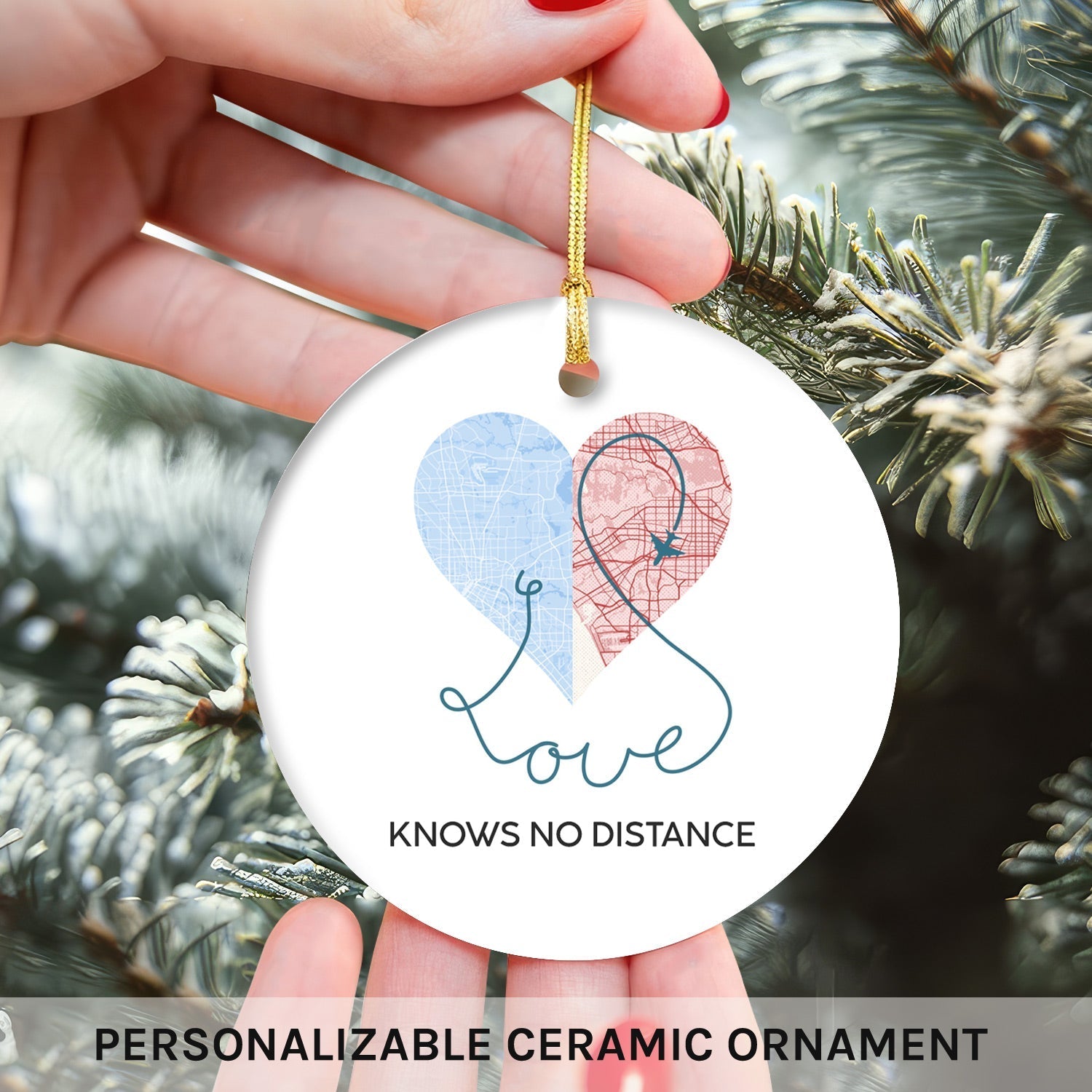 Love Knows No Distance Map - Personalized Anniversary or Valentine's Day gift for Long Distance Couple - Custom Circle Ceramic Ornament - Elizabeth Fashions