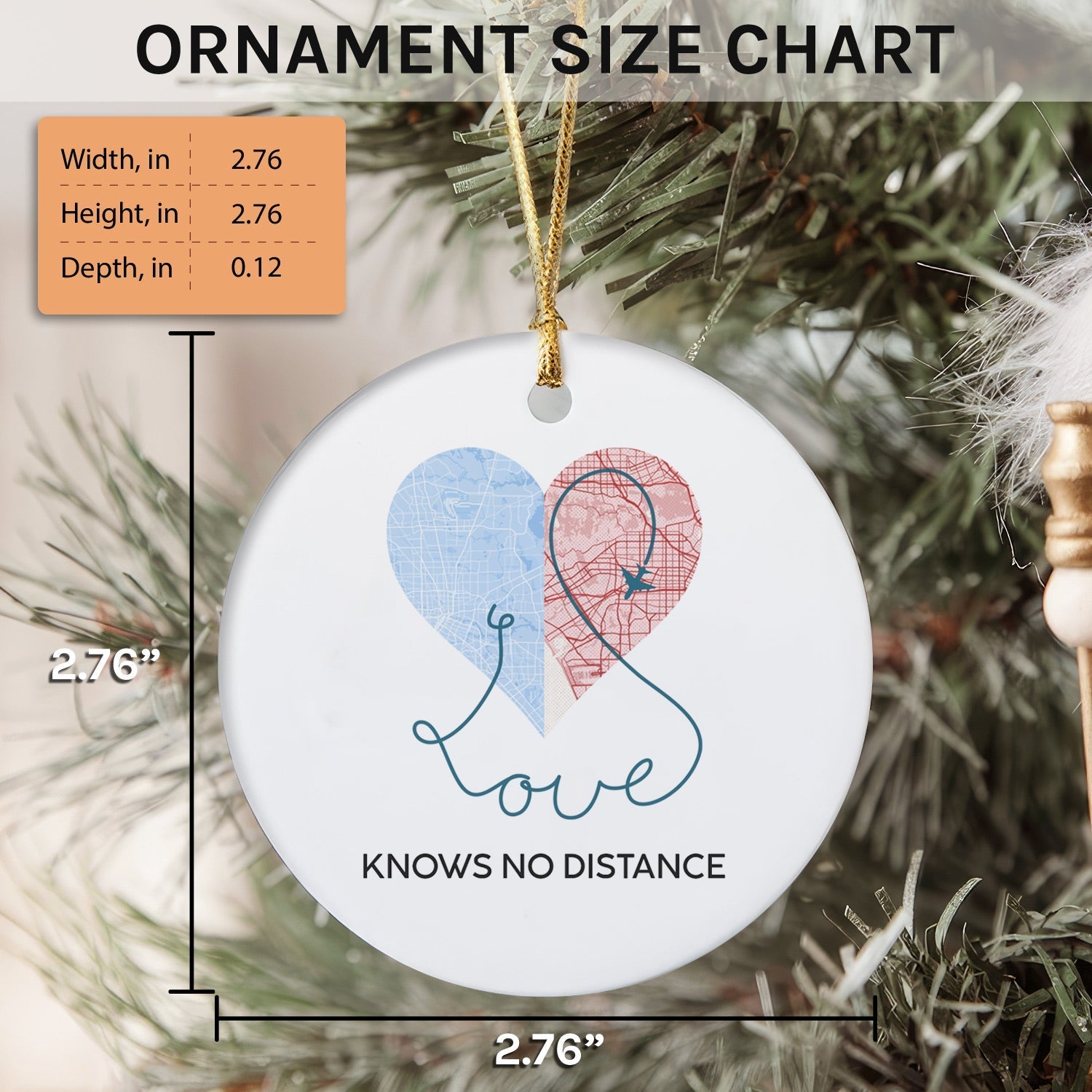 Love Knows No Distance Map - Personalized Anniversary or Valentine's Day gift for Long Distance Couple - Custom Circle Ceramic Ornament - Elizabeth Fashions