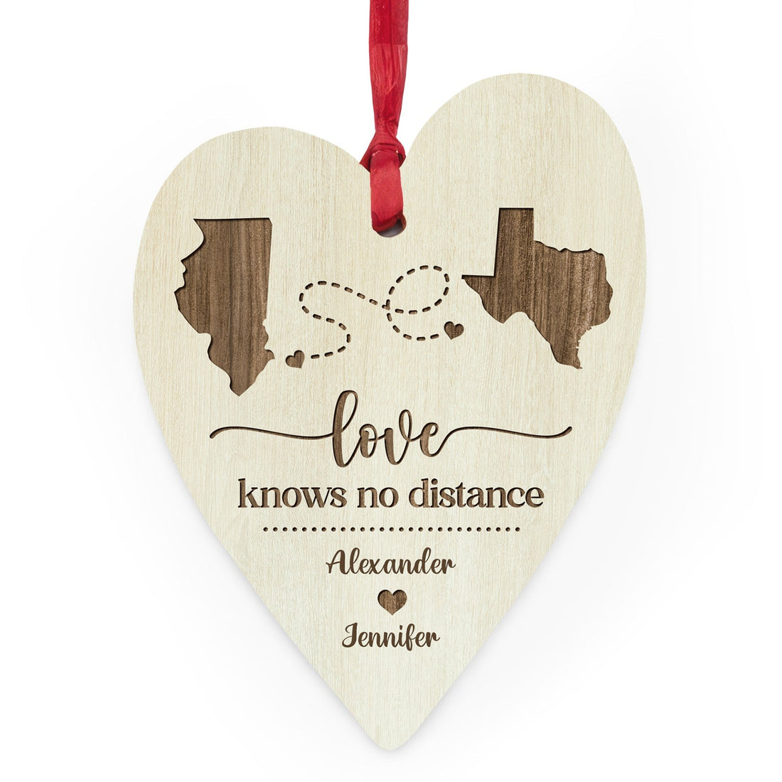 Love Knows No Distance Map - Personalized Anniversary or Valentine's Day gift for Long Distance Boyfriend or Girlfriend - Custom Heart Wooden Ornament - Elizabeth Fashions