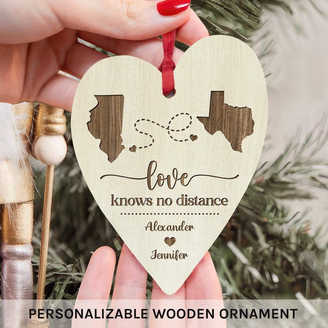 Love Knows No Distance Map - Personalized Anniversary or Valentine's Day gift for Long Distance Boyfriend or Girlfriend - Custom Heart Wooden Ornament - Elizabeth Fashions
