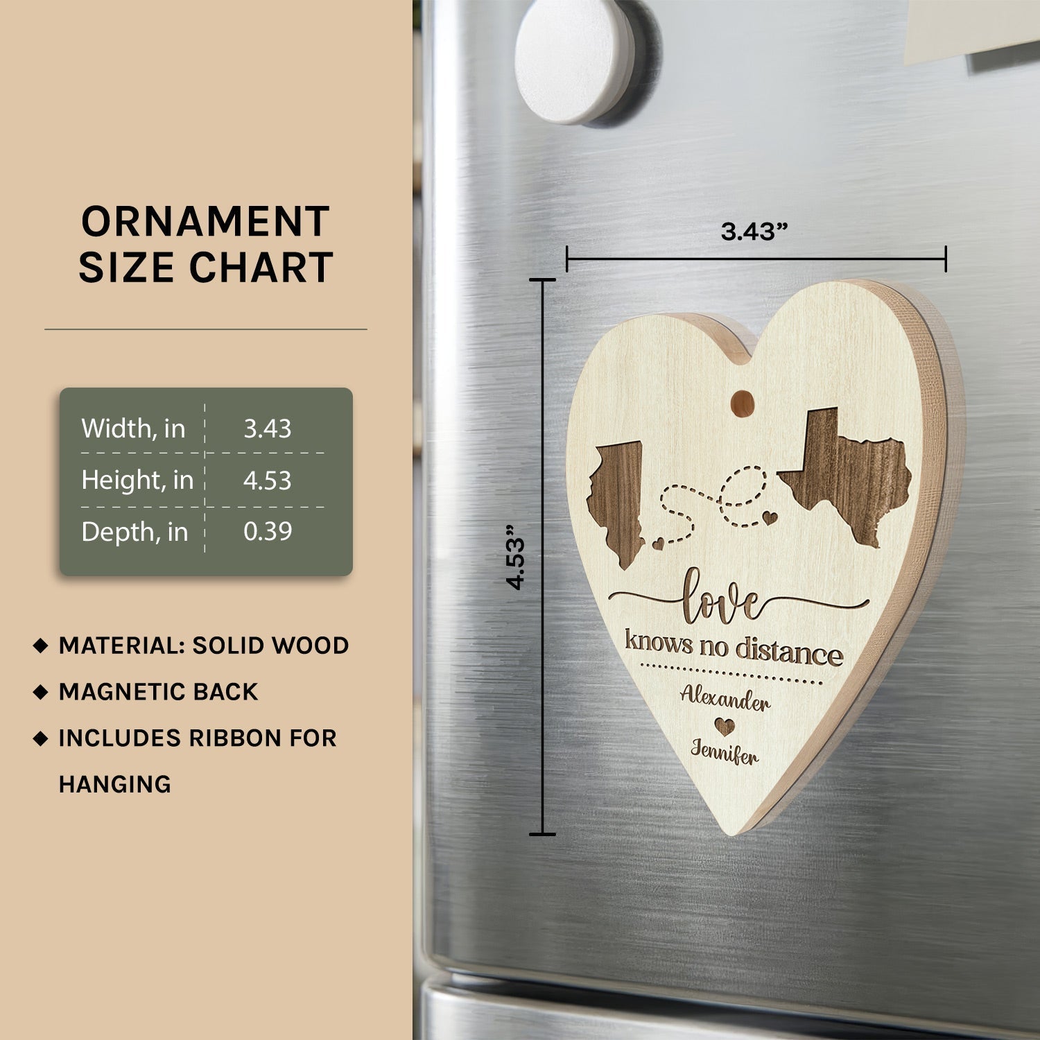 Love Knows No Distance Map - Personalized Anniversary or Valentine's Day gift for Long Distance Boyfriend or Girlfriend - Custom Heart Wooden Ornament - Elizabeth Fashions