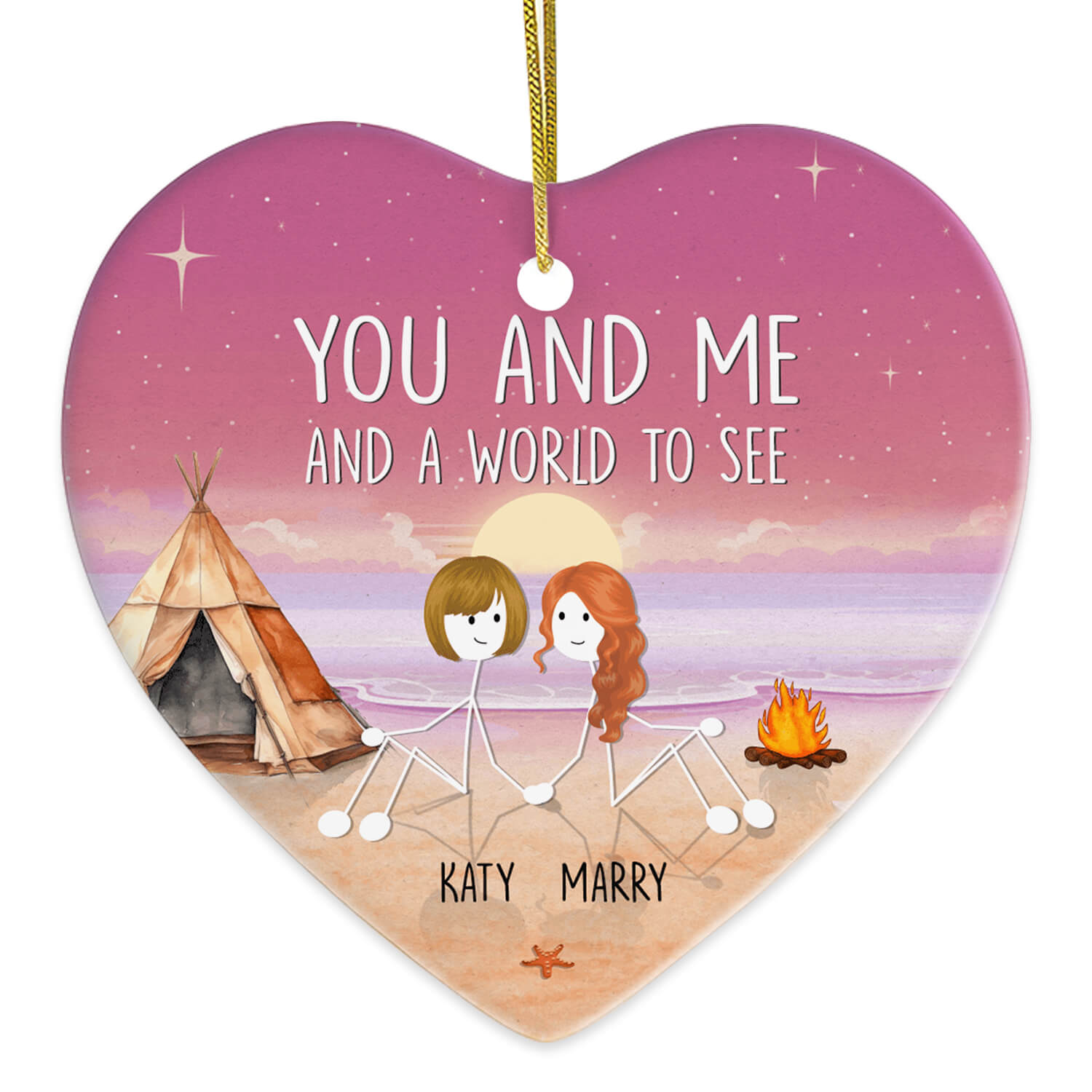 You And Me And The World To See - Personalized Anniversary or Valentine's Day gift for Lesbian Couple - Custom Heart Ceramic Ornament - Elizabeth Fashions