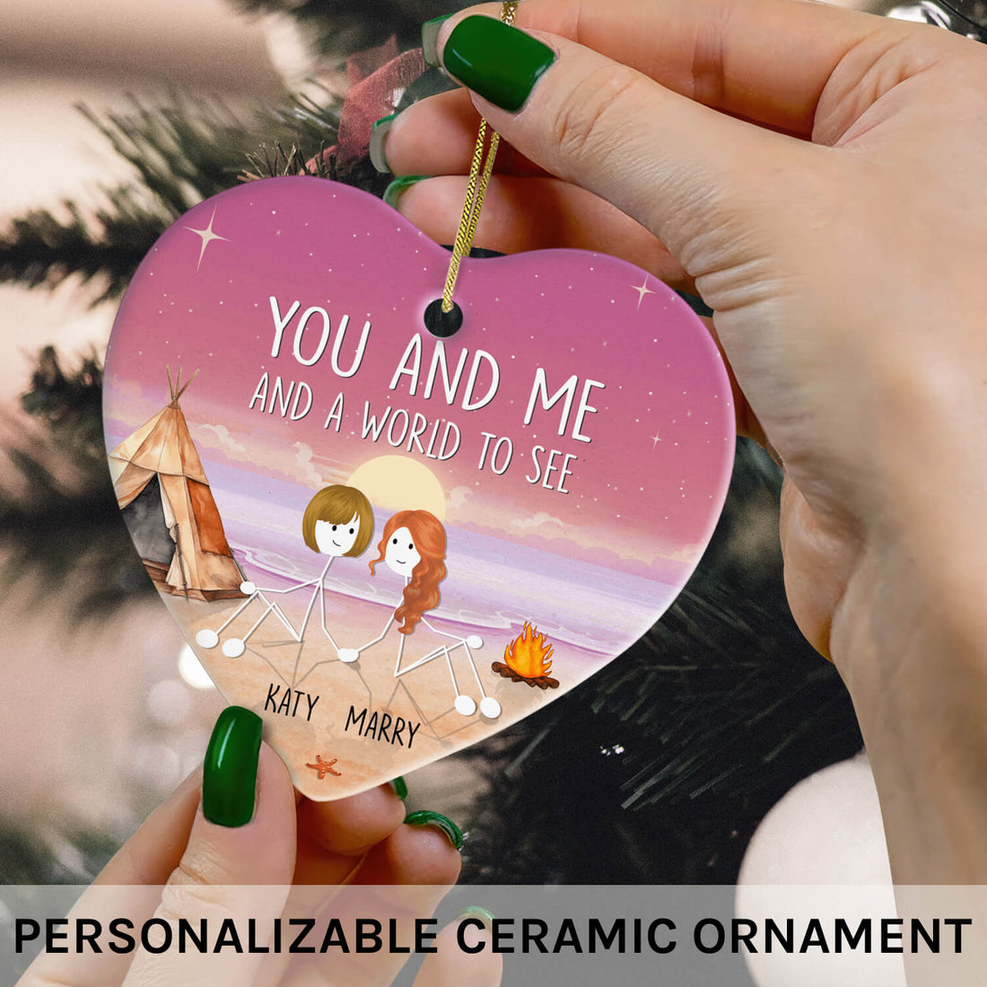 You And Me And The World To See - Personalized Anniversary or Valentine's Day gift for Lesbian Couple - Custom Heart Ceramic Ornament - Elizabeth Fashions