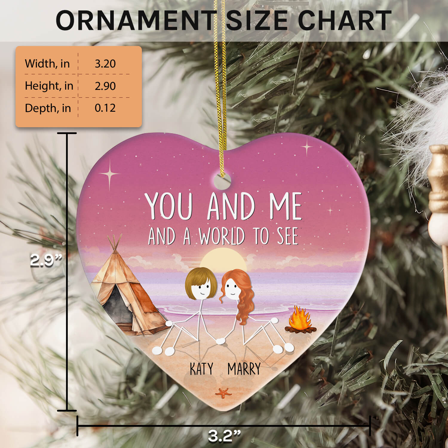 You And Me And The World To See - Personalized Anniversary or Valentine's Day gift for Lesbian Couple - Custom Heart Ceramic Ornament - Elizabeth Fashions