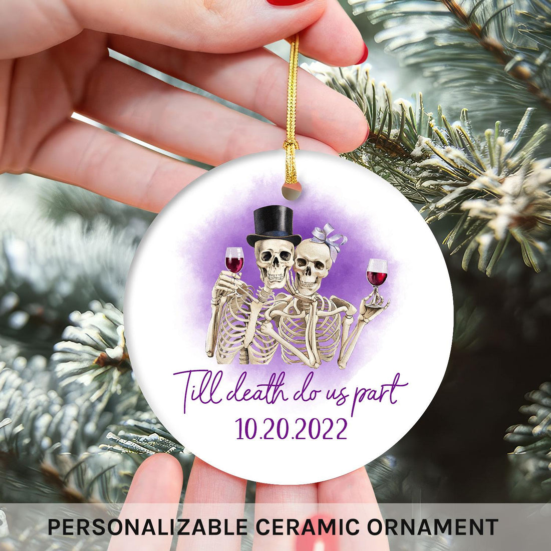 Til Death Do Us Part Skeleton Cheers - Personalized Anniversary or Halloween gift for Boyfriend or Girlfriend - Custom Circle Ceramic Ornament - Elizabeth Fashions