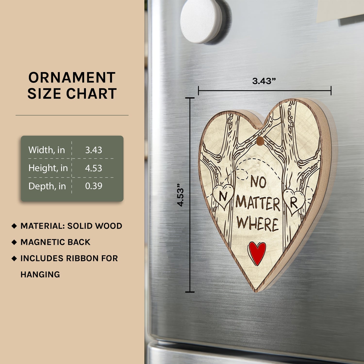 No Matter Where - Personalized Anniversary, Valentine's Day or Christmas gift for Long Distance Boyfriend or Girlfriend - Custom Heart Wooden Ornament - Elizabeth Fashions