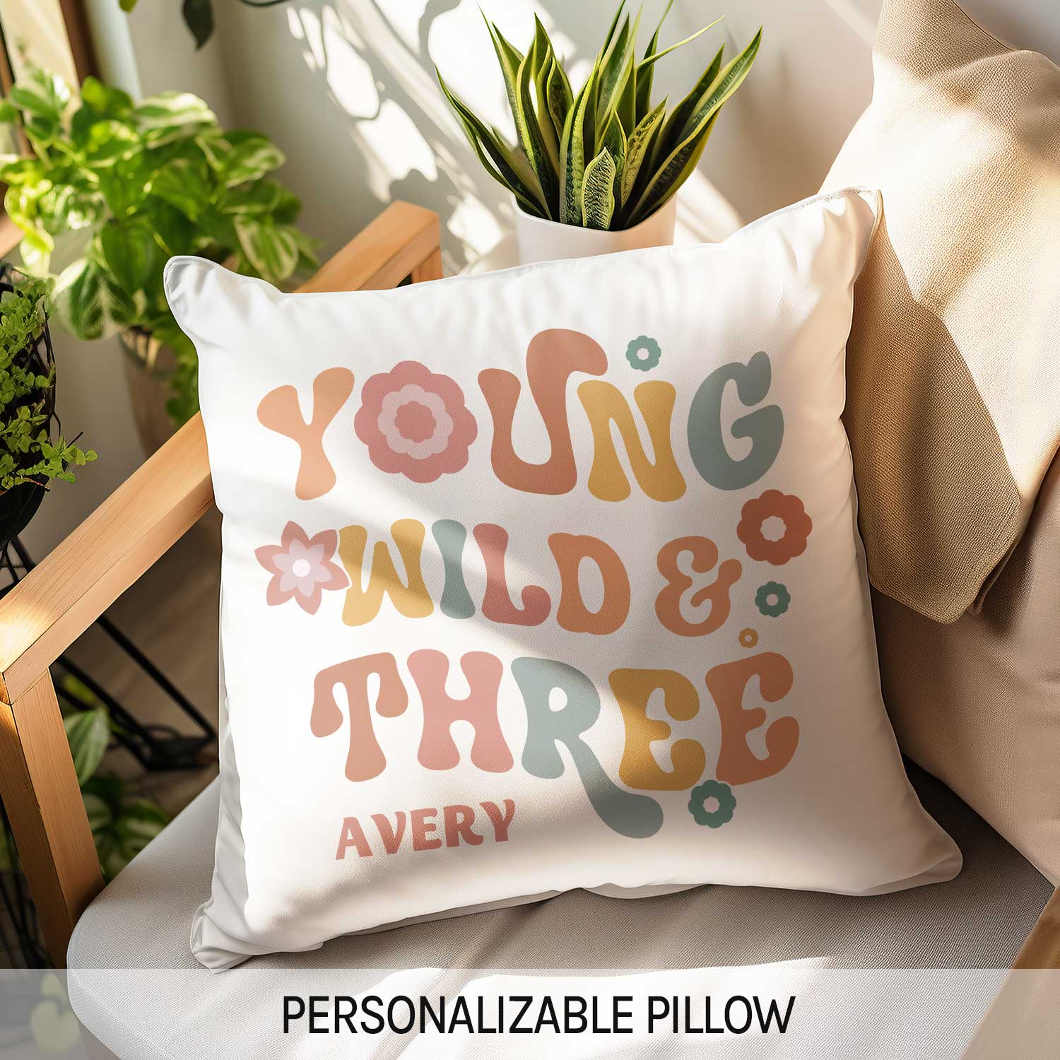 Young, Wild & Three - Personalized 3rd Birthday gift For 3 Year Old - Custom Pillow - Elizabeth Fashions