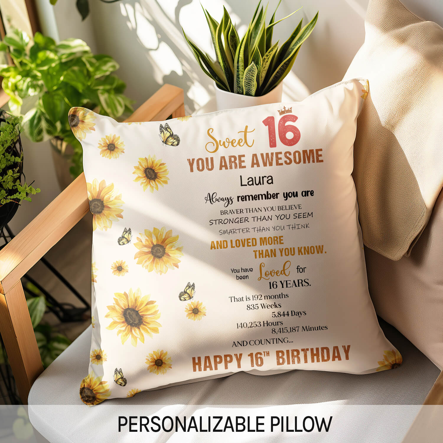 Sweet 16 - Personalized 16th Birthday gift For 16 Year Old - Custom Pillow - Elizabeth Fashions