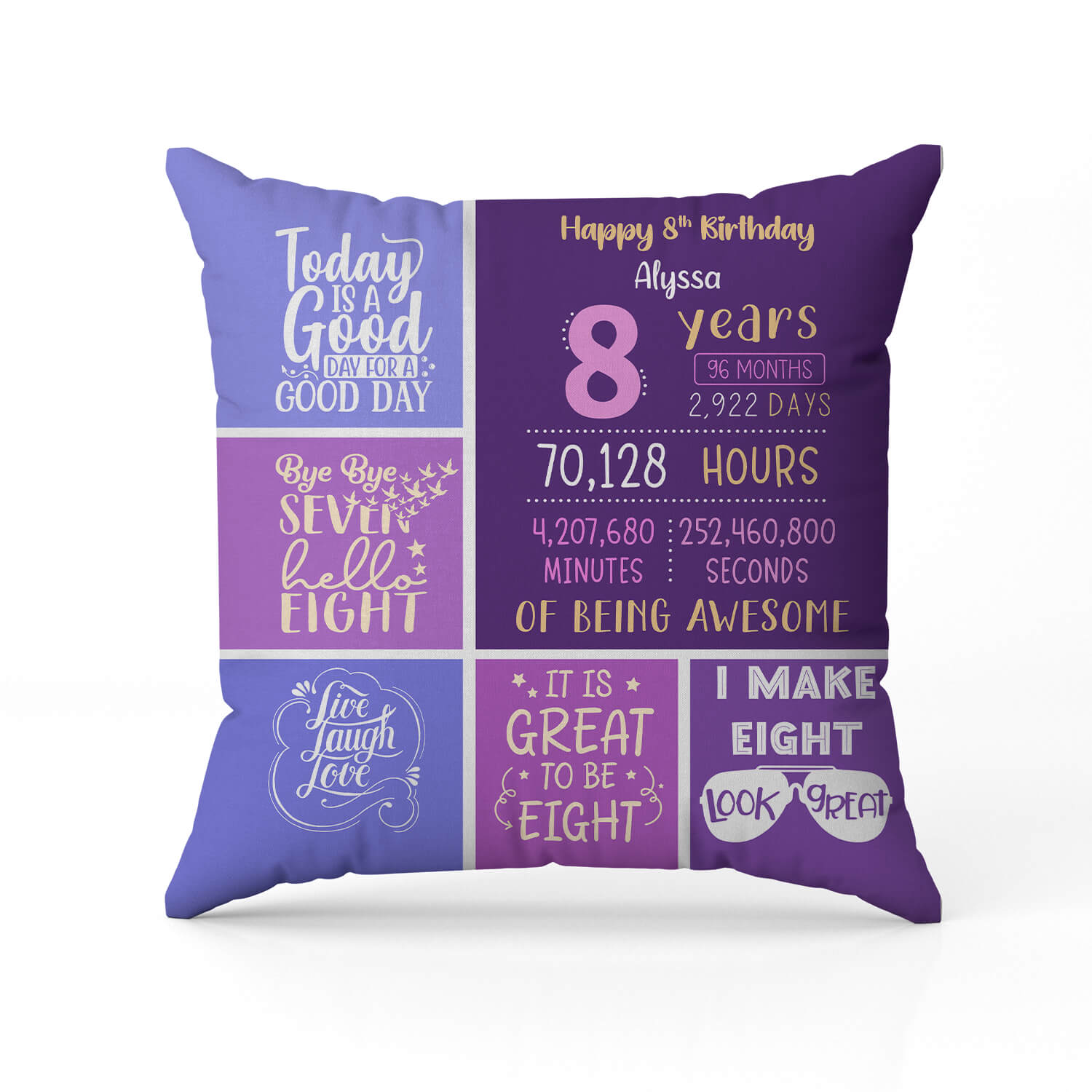 Happy 8th Birthday - Personalized 8th Birthday gift For 8 Year Old - Custom Pillow - Elizabeth Fashions