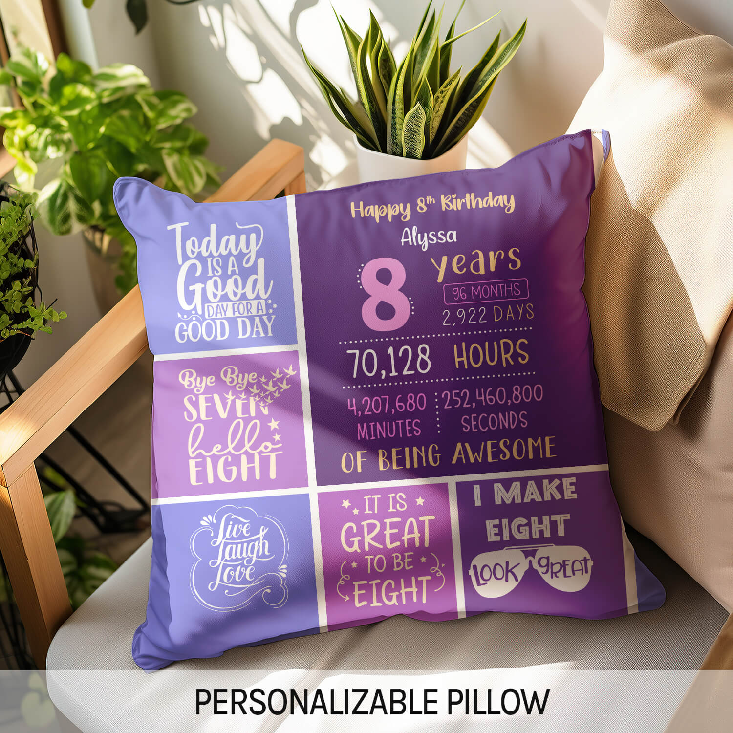 Happy 8th Birthday - Personalized 8th Birthday gift For 8 Year Old - Custom Pillow - Elizabeth Fashions