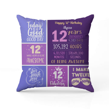 Happy 12th Birthday - Personalized 12th Birthday gift For 12 Year Old - Custom Pillow - Elizabeth Fashions