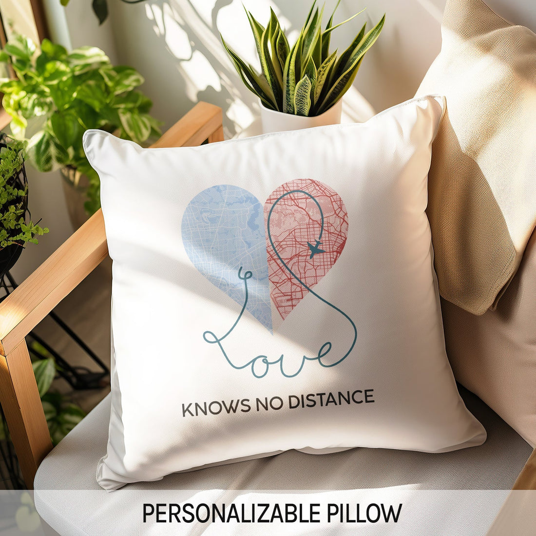 Love Knows No Distance Map - Personalized Anniversary or Valentine's Day gift for Long Distance Boyfriend or Girlfriend - Custom Pillow - Elizabeth Fashions