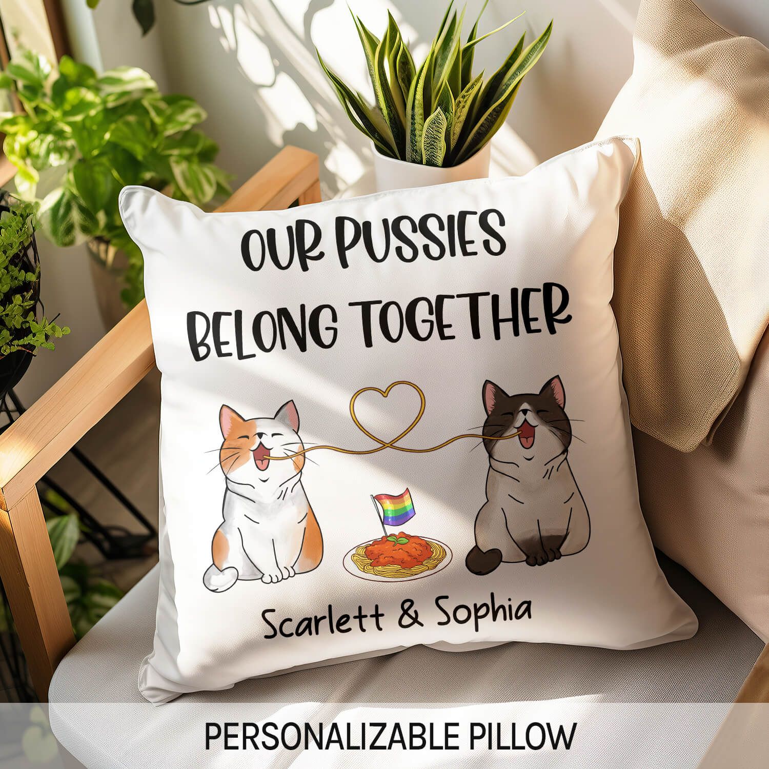 Our Pussies Belong Together - Personalized Anniversary or Valentine's Day gift for Lesbian Couple - Custom Pillow - Elizabeth Fashions
