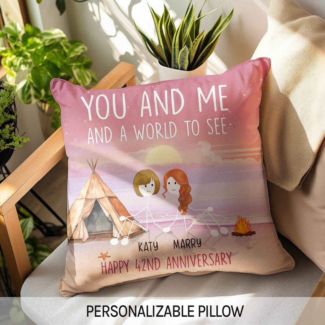 You And Me And A World To See - Personalized 42 Year Anniversary gift For Parents, Husband or Wife - Custom Pillow - Elizabeth Fashions