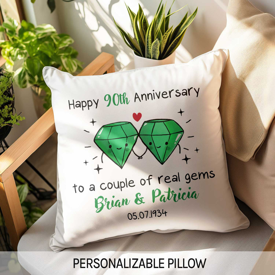 Happy 90th Anniversary To A Couple Of Real Gems - Personalized 90 Year Anniversary gift For Parents or Grandparents - Custom Pillow - Elizabeth Fashions
