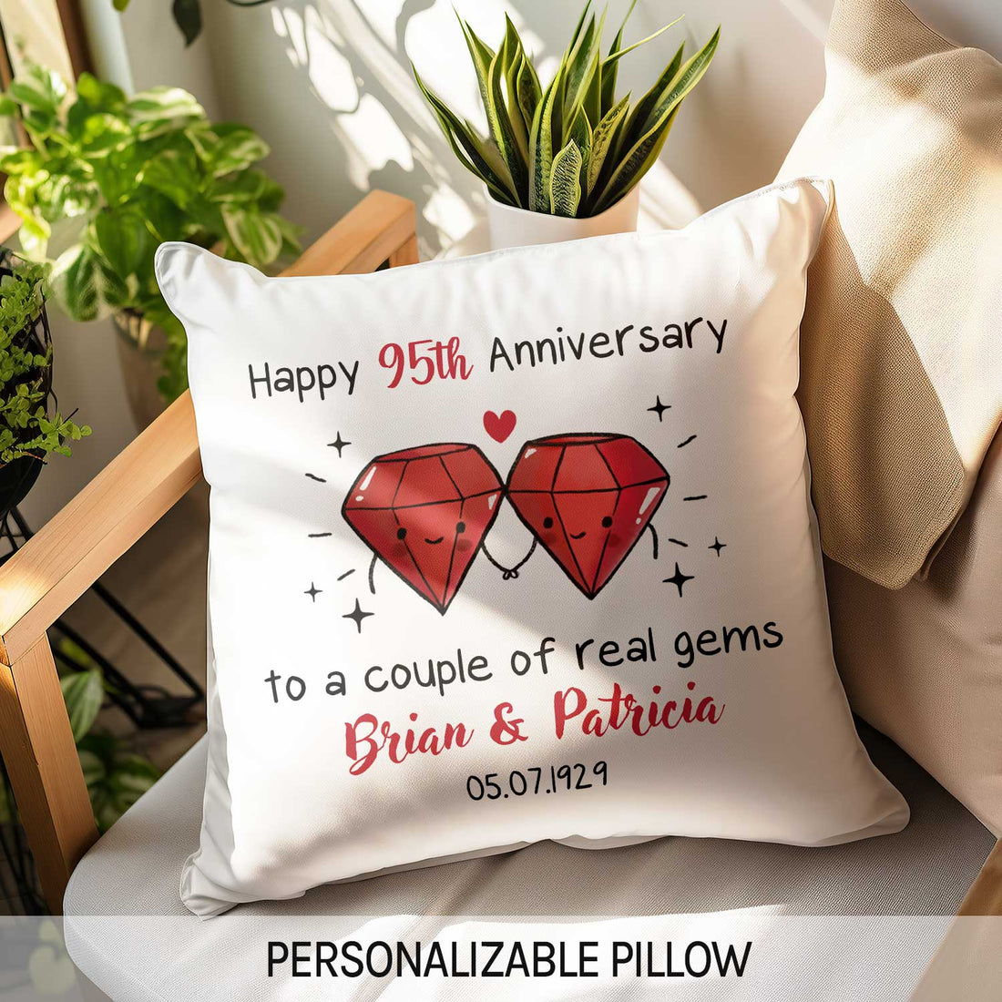 Happy 95th Anniversary To A Couple Of Real Gems - Personalized 95 Year Anniversary gift For Parents or Grandparents - Custom Pillow - Elizabeth Fashions