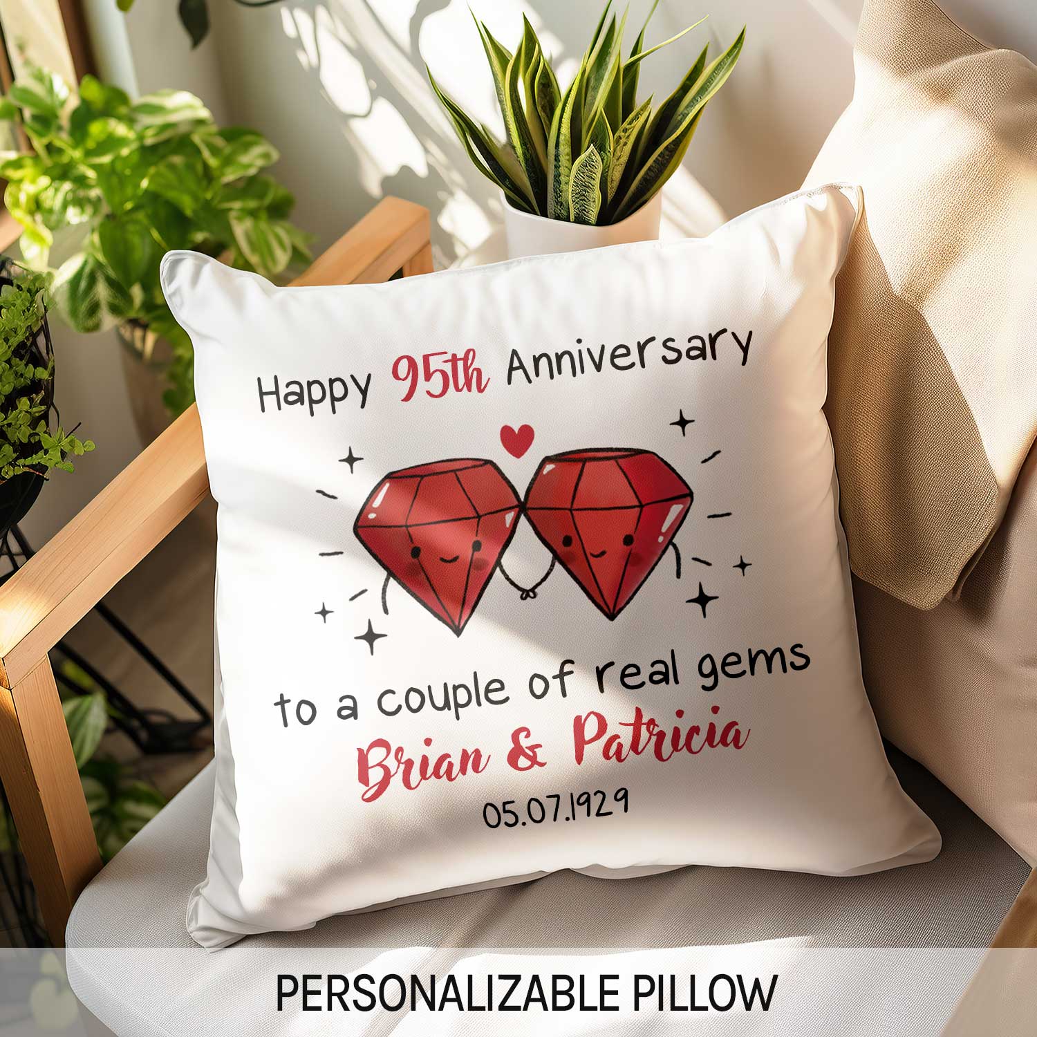 Happy 95th Anniversary To A Couple Of Real Gems - Personalized 95 Year Anniversary gift For Parents or Grandparents - Custom Pillow - Elizabeth Fashions
