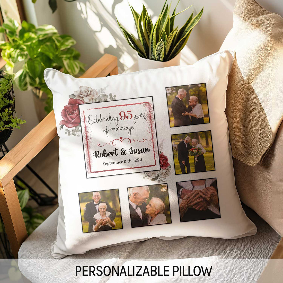 Celebrating 95 Years Of Marriage - Personalized 95 Year Anniversary gift For Parents or Grandparents - Custom Pillow - Elizabeth Fashions
