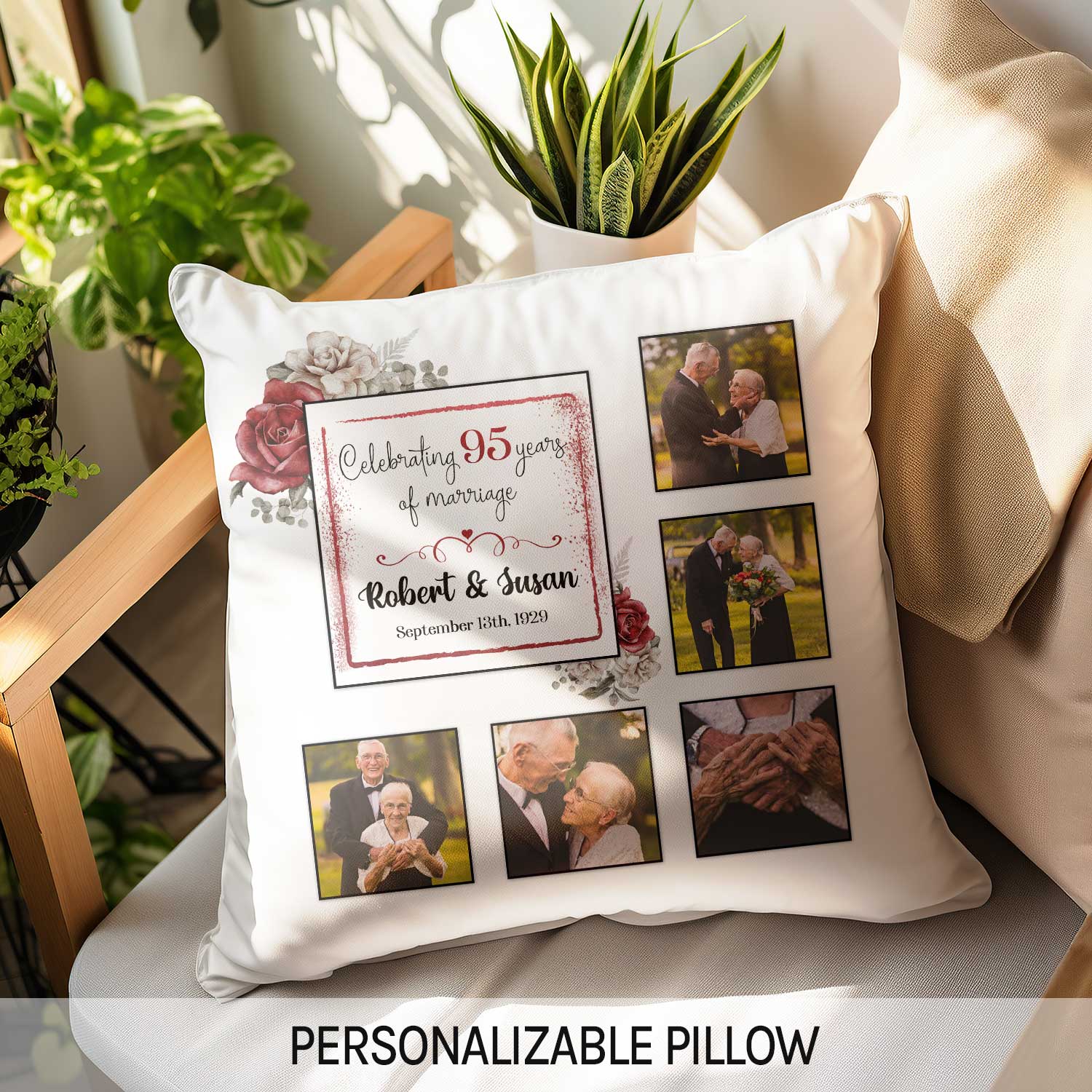 Celebrating 95 Years Of Marriage - Personalized 95 Year Anniversary gift For Parents or Grandparents - Custom Pillow - Elizabeth Fashions