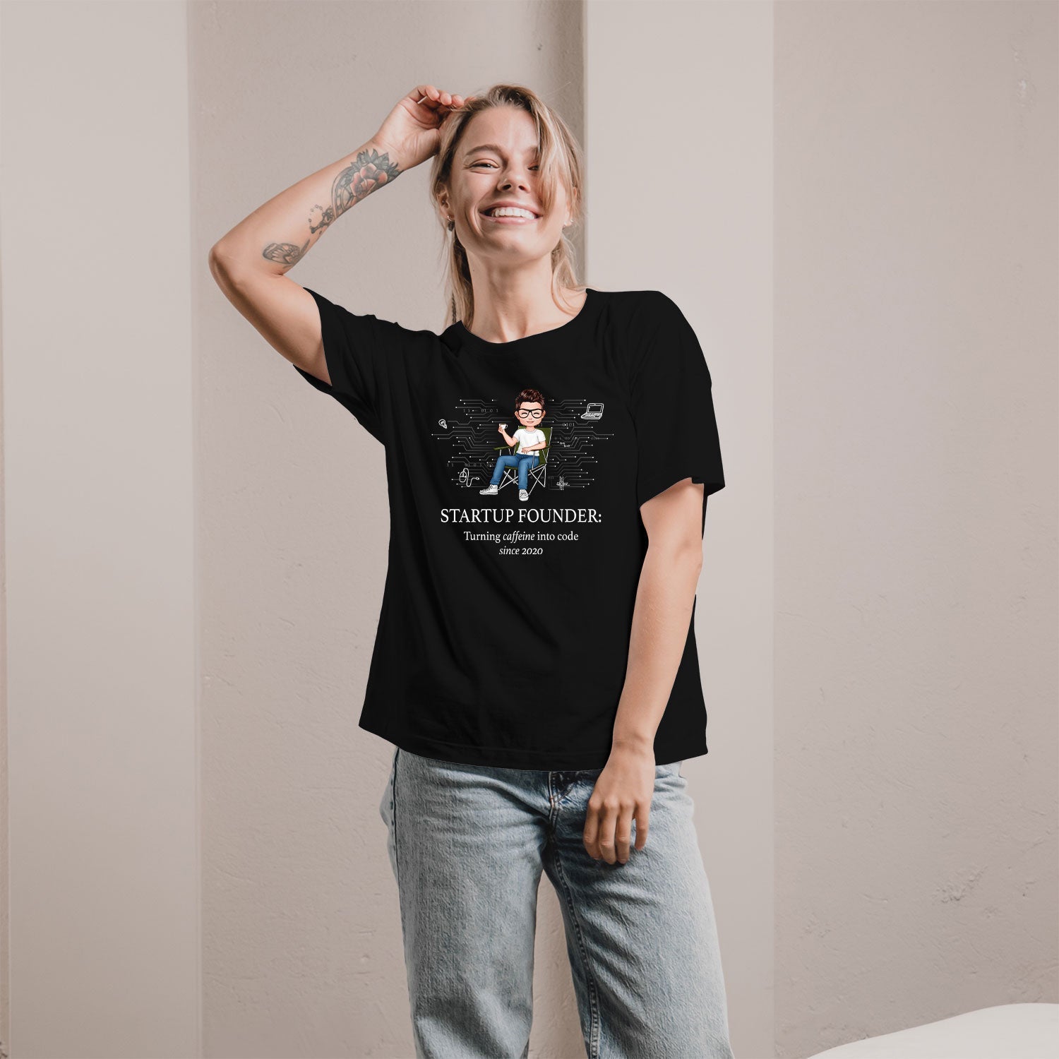 Startup founder: Turning caffeine into code - Personalized Birthday gift for Startup Founder - Custom Tshirt - Elizabeth Fashions