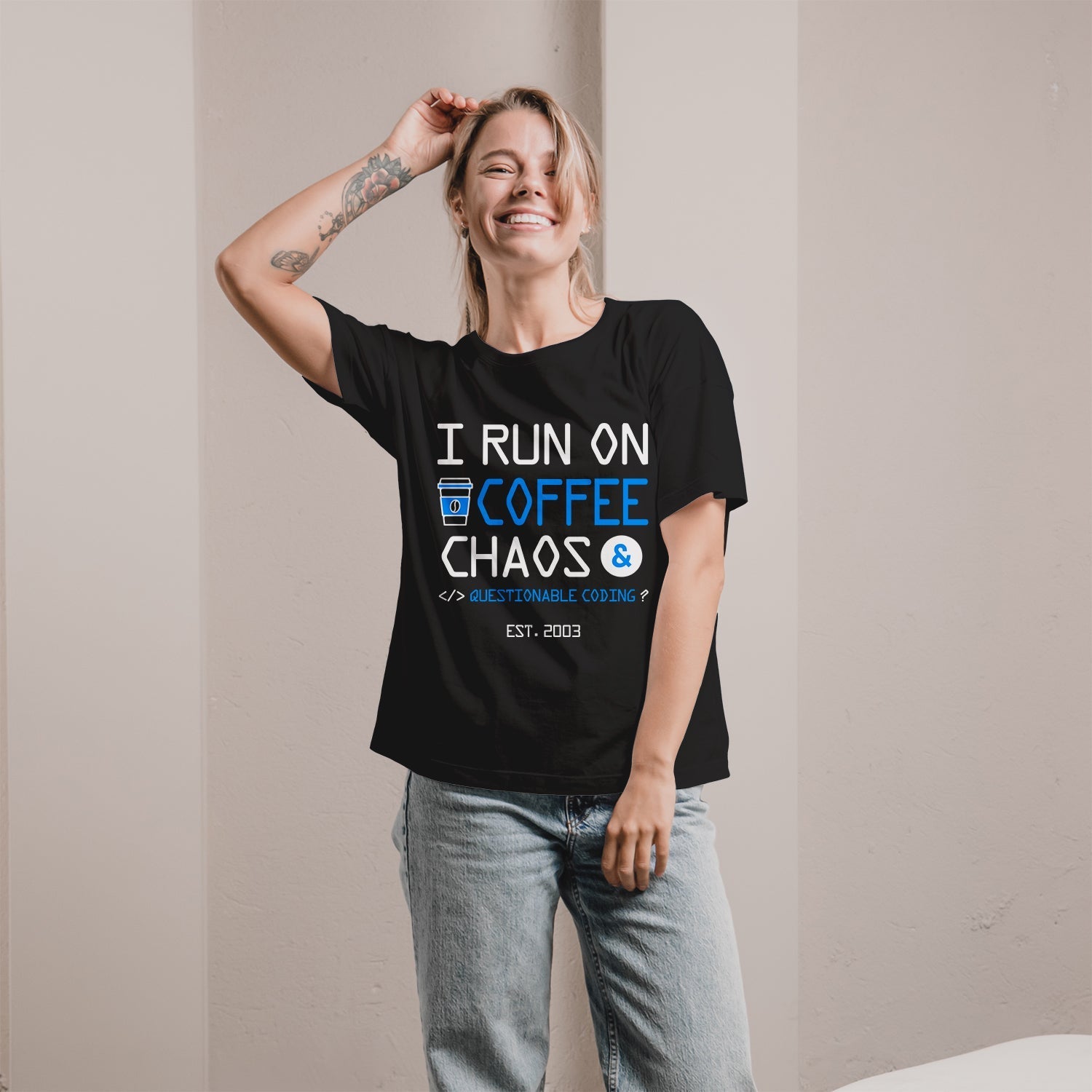 I run on coffee, chaos, and questionable coding - Personalized Birthday gift for Software Engineer - Custom Tshirt - Elizabeth Fashions