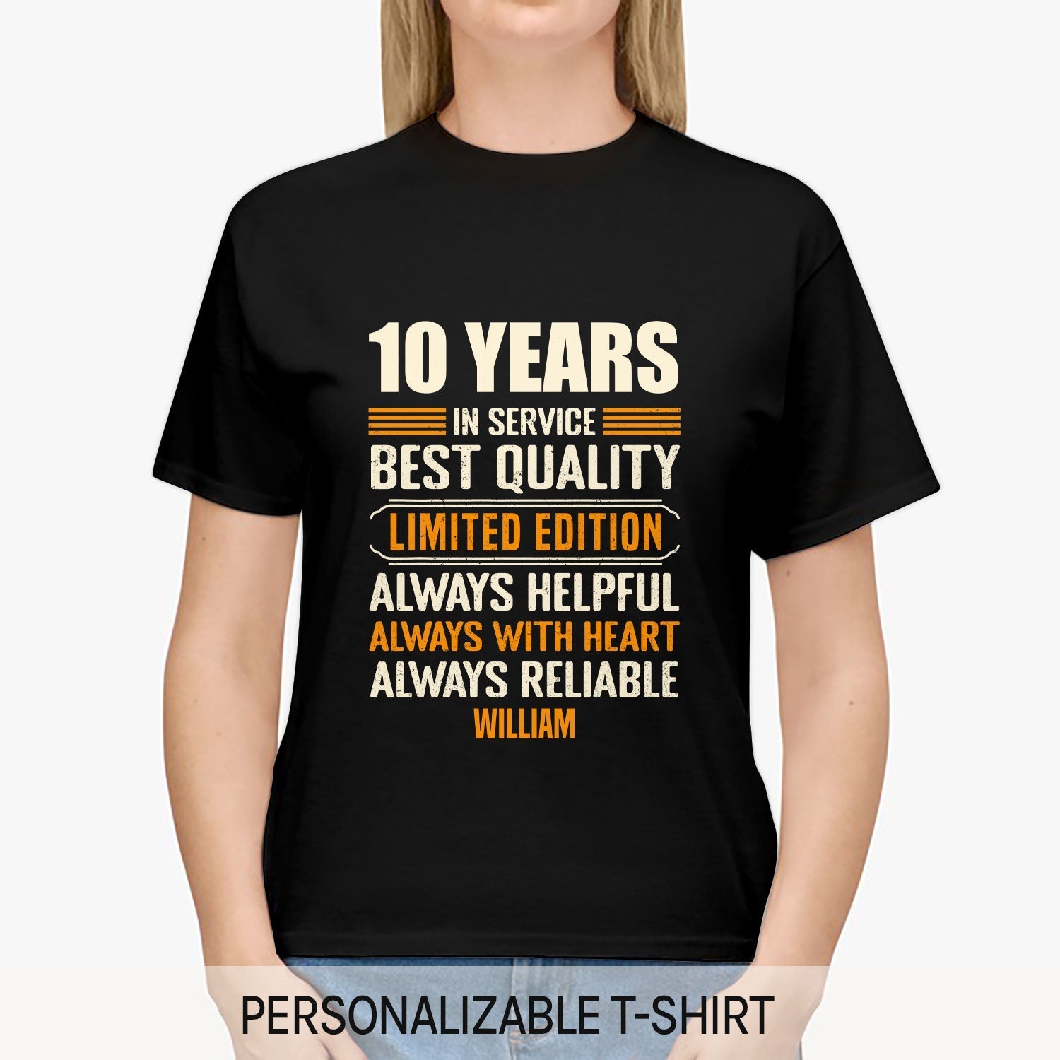 10 Years In Service - Personalized 10th Work Anniversary gift For Employee or Coworker - Custom Tshirt - Elizabeth Fashions