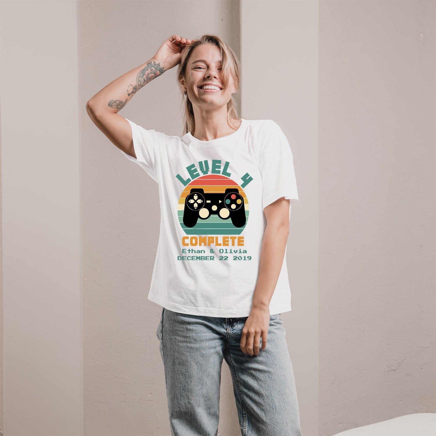 Level 4 Complete - Personalized 4 Year Anniversary gift for him for her - Custom Tshirt - Elizabeth Fashions