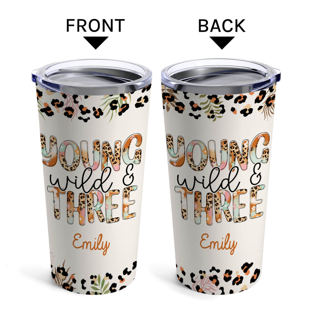 Young, Wild & Three - Personalized 3rd Birthday gift For 3 Year Old - Custom Tumbler - Elizabeth Fashions