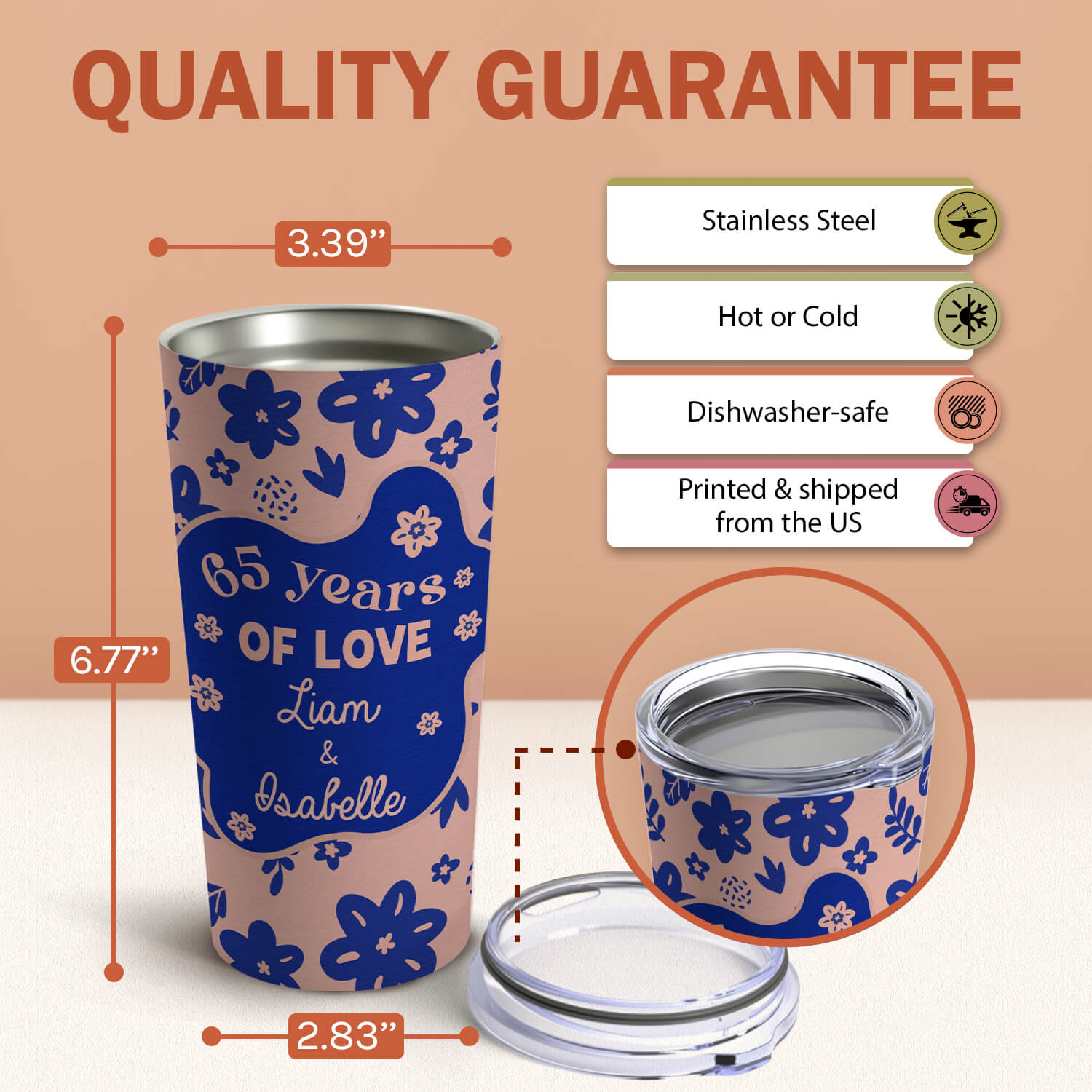 65 Years Of Love - Personalized 65 Year Anniversary gift For Husband or Wife - Custom Tumbler - Elizabeth Fashions