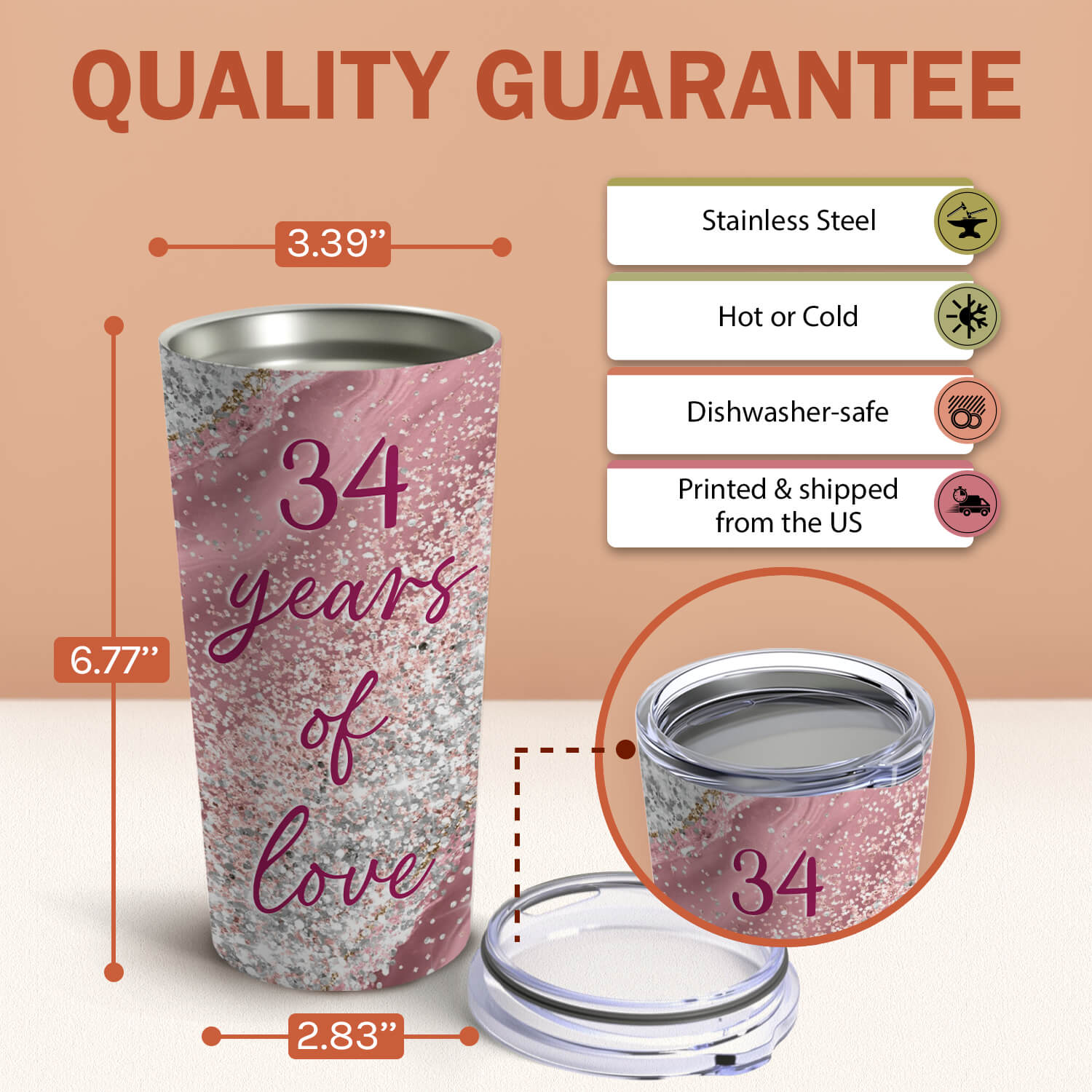 34 Years Of Love - Personalized 34 Year Anniversary gift For Parents, Husband or Wife - Custom Tumbler - Elizabeth Fashions