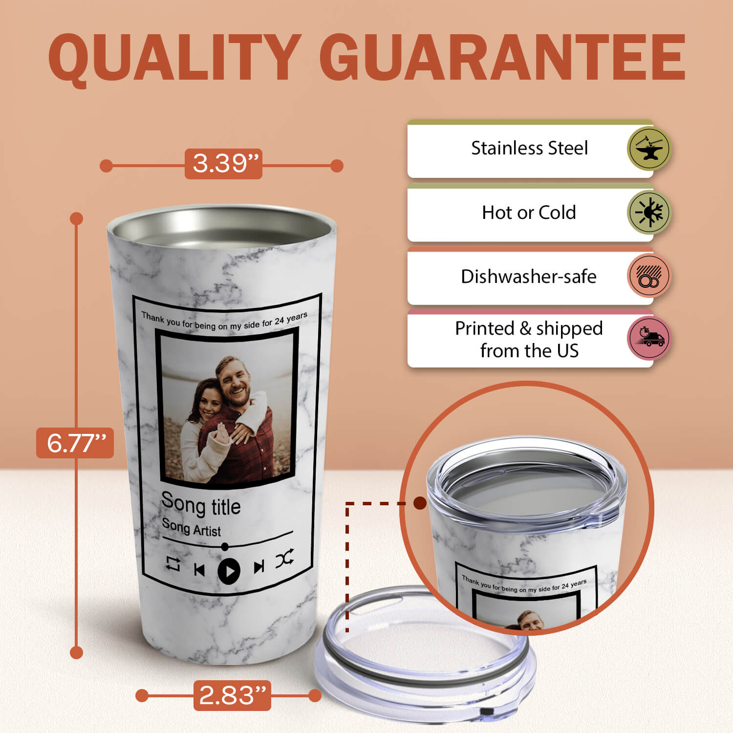 Thank You For Being On My Side - Personalized 24 Year Anniversary gift For Husband or Wife - Custom Tumbler - Elizabeth Fashions